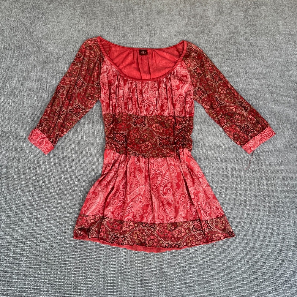 Language LA Tunic Top Womens Medium Red Paisley Combed Cotton Pleated Scoop Neck